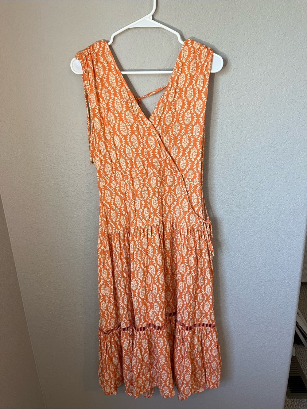 Band of the Free Orange Floral Wrap Maxi Dress Boho M Tiered Festival Cottagecor